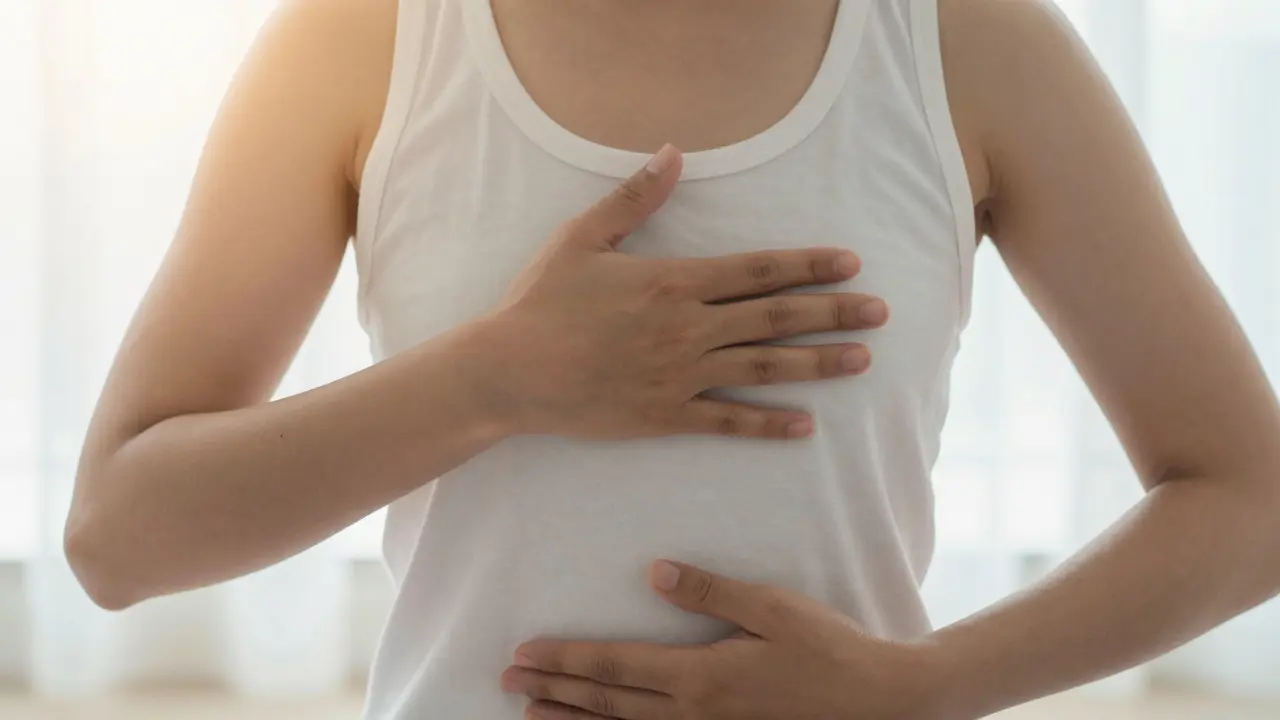Dvě ruce položené na srdci a břiše během synchronizovaného dýchání a meditace.