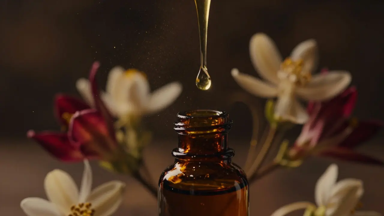 Kapka zlatého oleje dopadající do lahvičky obklopená smyslnými květy jasmínu a ylang-ylang.