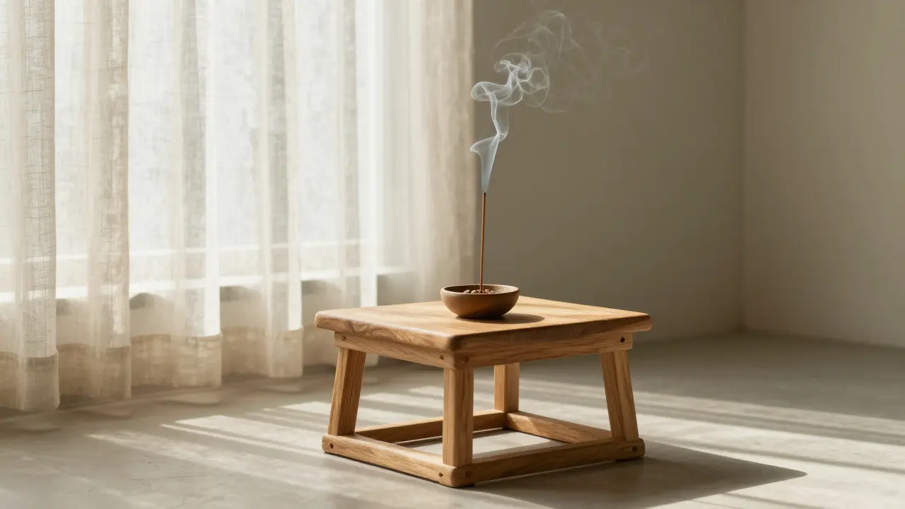 Klidný, minimalistický interiér s incense a přirozeným světlem pro duchovní přípravu.