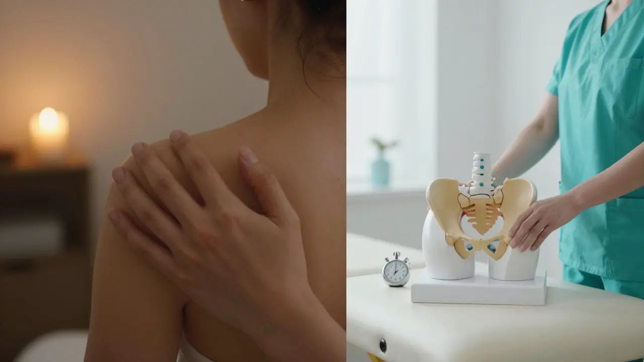 Konceptuální srovnání relaxační wellness atmosféry a klinické fyzioterapie.