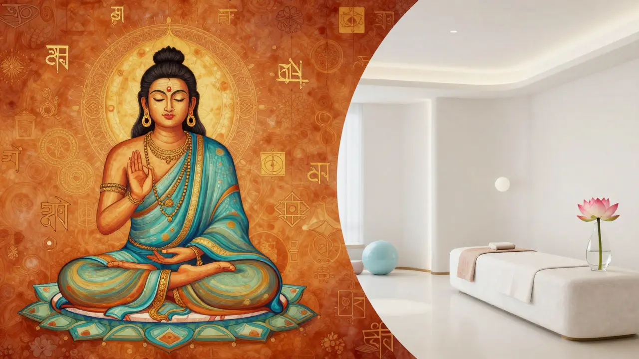 Kontrast mezi starověkým indickým ságem a moderním minimalistickým wellness centering.