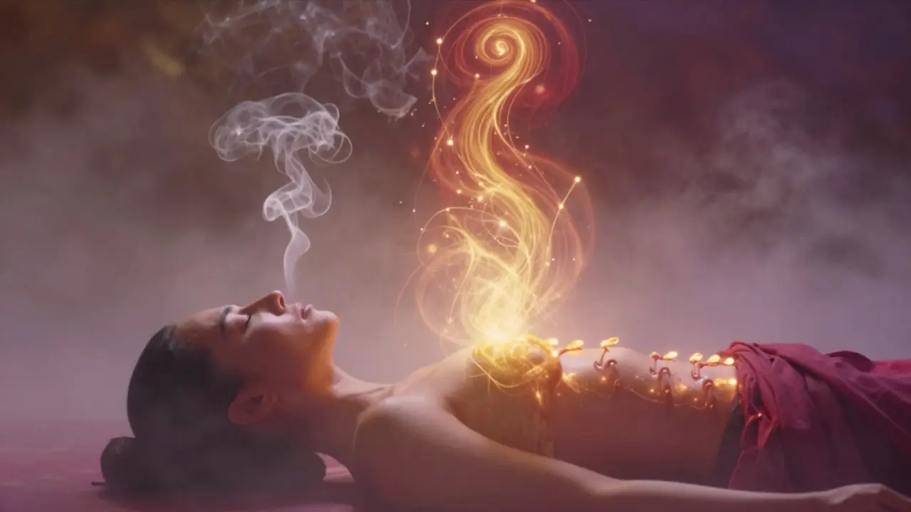 Křemíkový proud energie Kundalini stoupající po páteři v meditativním stavu.