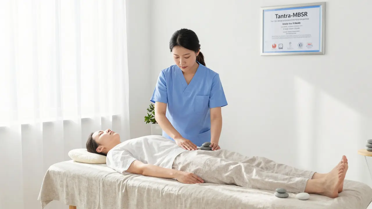 Profesionální a světlý terapeutický prostor s certifikací na stěně.