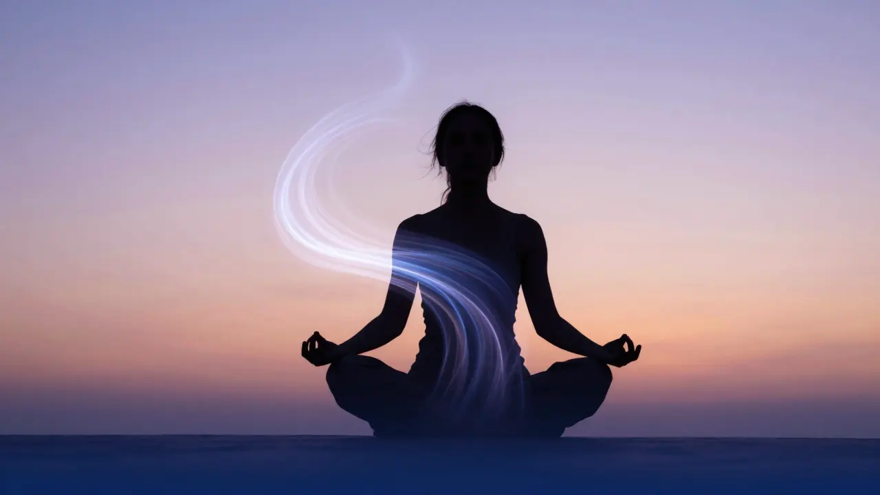 Silueta meditující osoby s proudícími energickými proudy kolem těla.