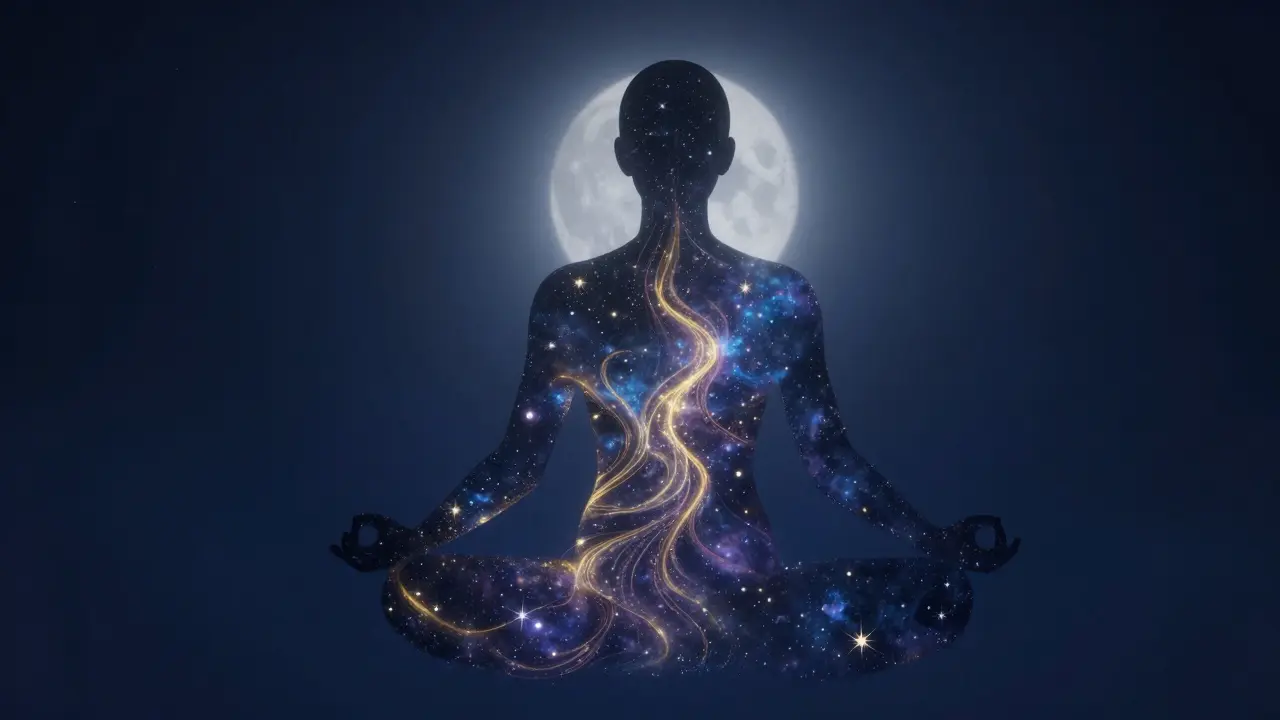 Silueta meditující osoby tvořená hvězdným prachem a zlatou energií.