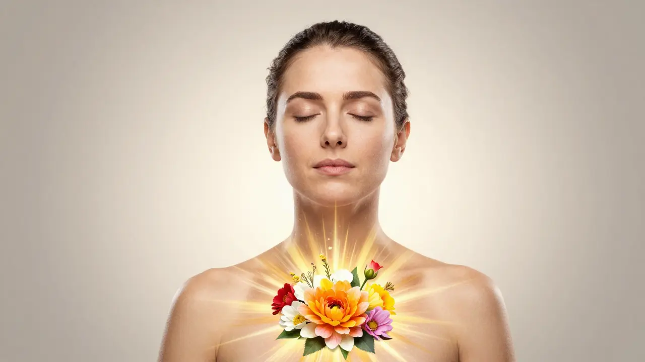 Žena v hlubokém klidu a dechu, z níž vyzařuje zlaté světlo a květiny symbolizující uzdravení z traumatu.