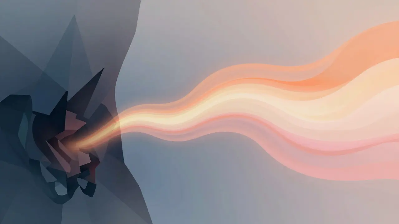 Abstraktní přechod od temných tvarů k teplým světelným pruhům, symbolizující uvolnění.