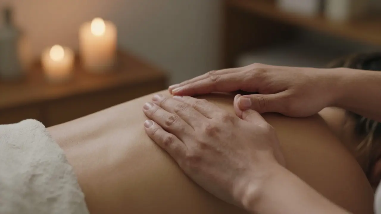 Jemný terapeutický dotek na zádech ve světle svíček pro uvolnění