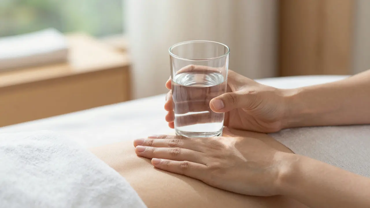 Ruce držící sklenici vody v klidném prostředí, symbolizující uzemnění