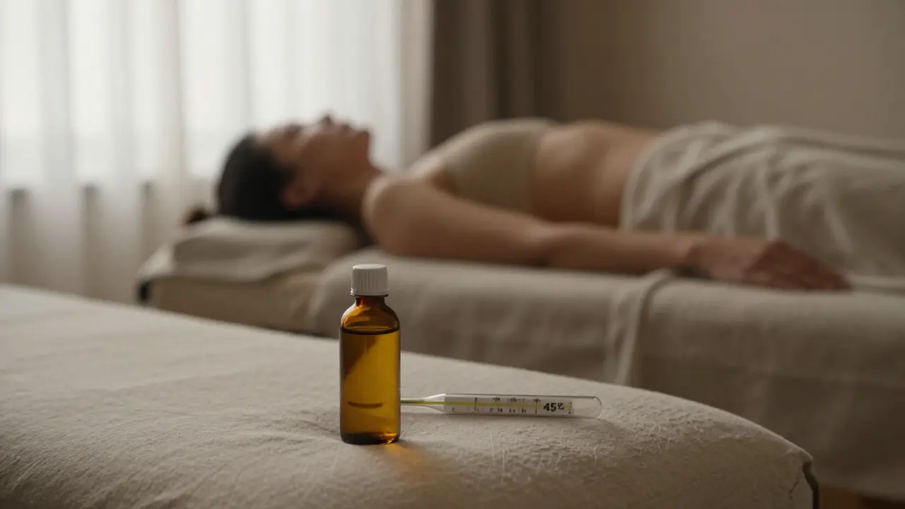Teplý olej a teploměr v klidném wellness studiu před masáží