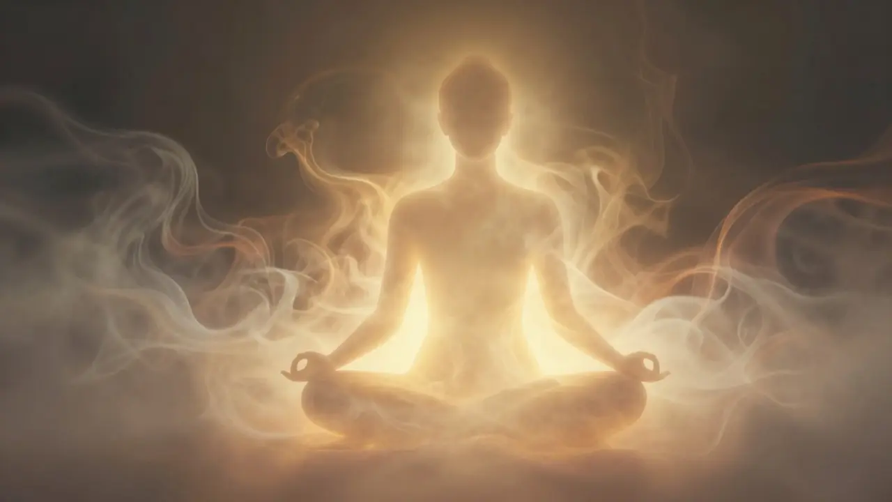Abstraktní silueta osoby v meditaci obklopená zlatým světlem
