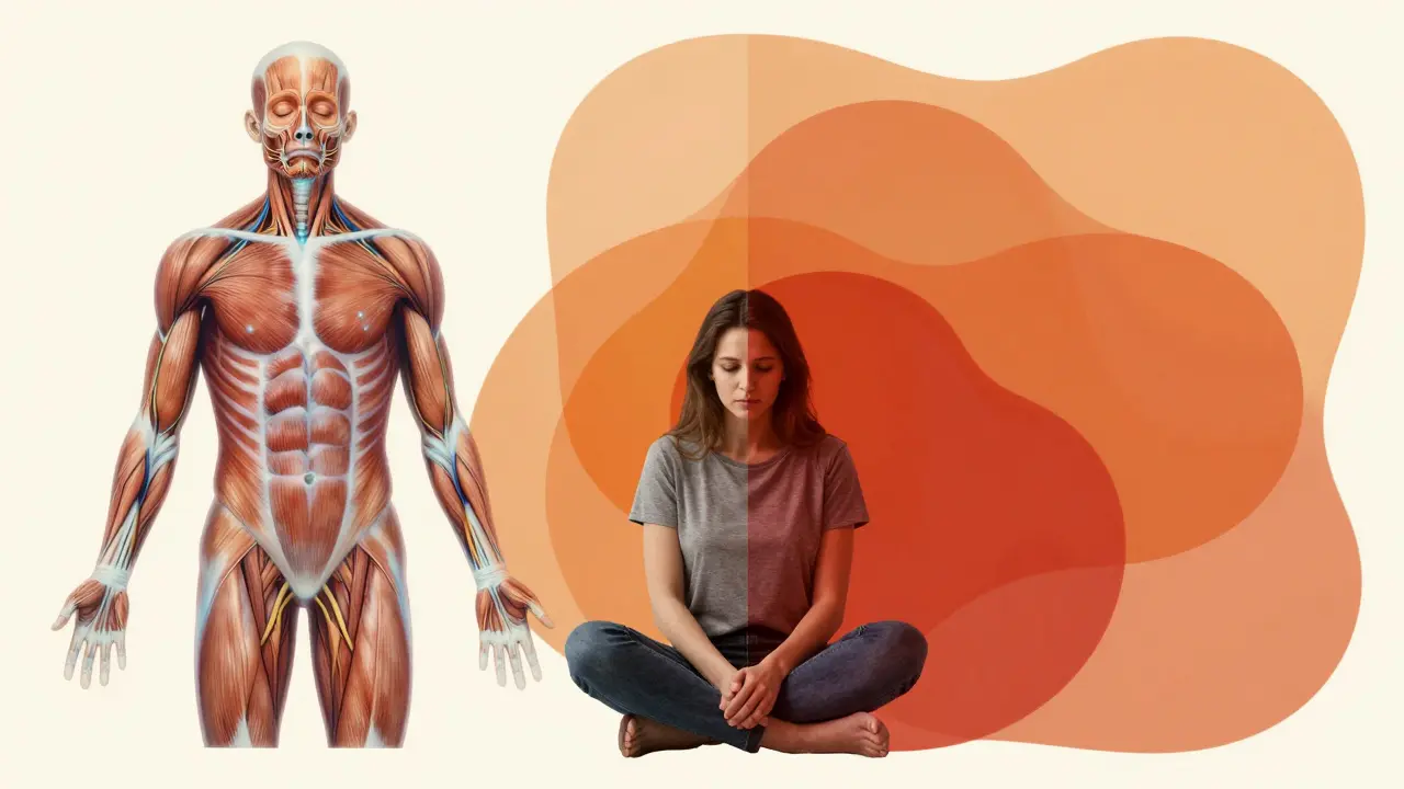 Konceptuální ilustrace dvojitého vědomí spojující fyzické pocity těla s emocionálními stavy mysli.