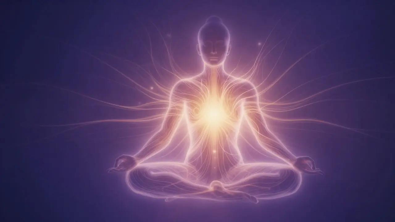 Abstraktní ilustrace energie proudící skrz lidskou siluetu v meditaci