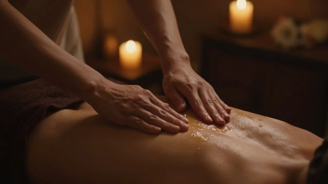 Jemné ruky aplikují aromatický olej během tantrické masáže za svítění svíček