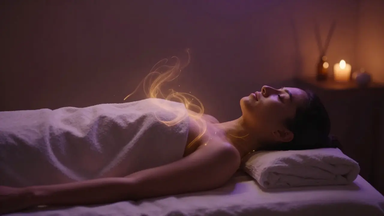 Relaxovaná osoba v tmavé místnosti s aromaterapií a energií