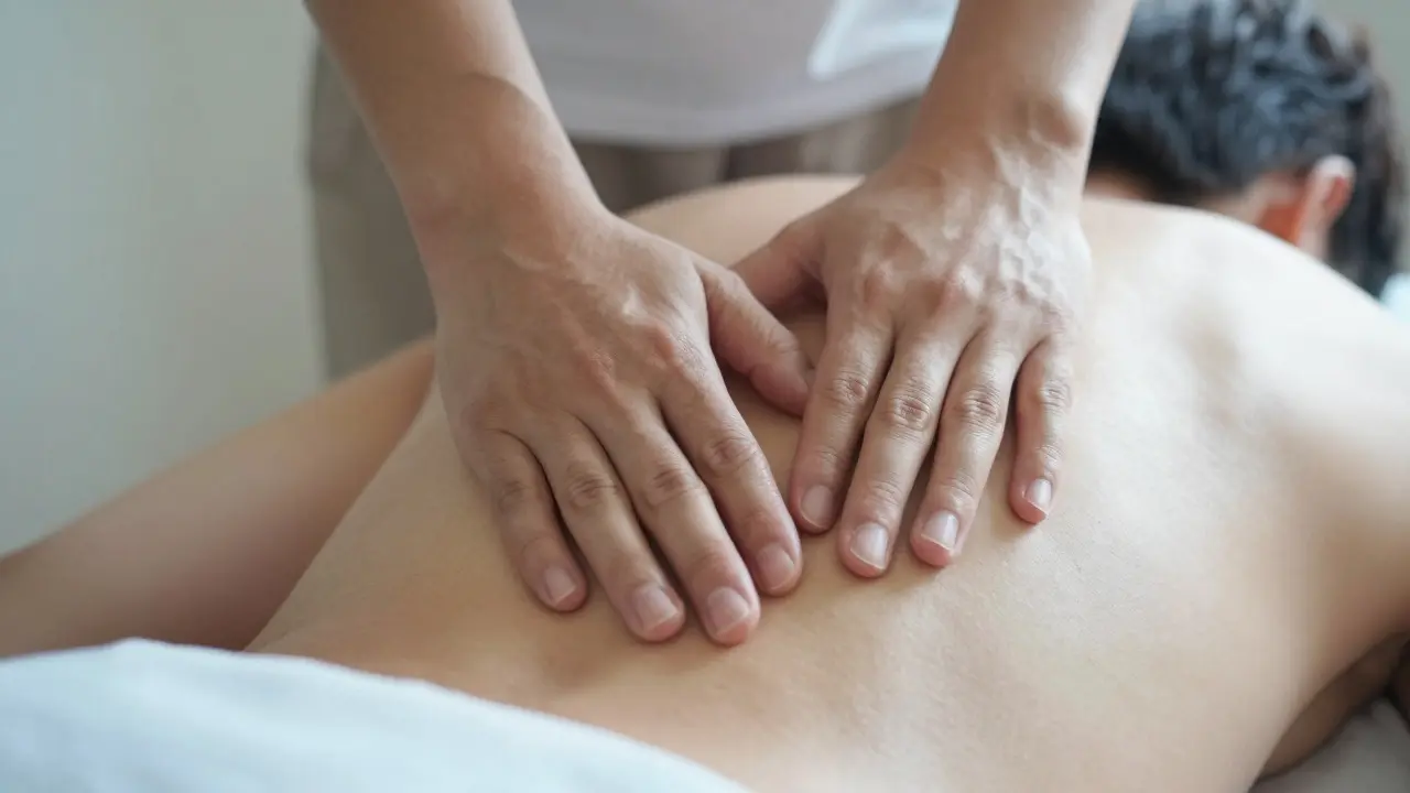 Zblízka ruce terapeuta provádějící pomalý dotek na zádech klienta