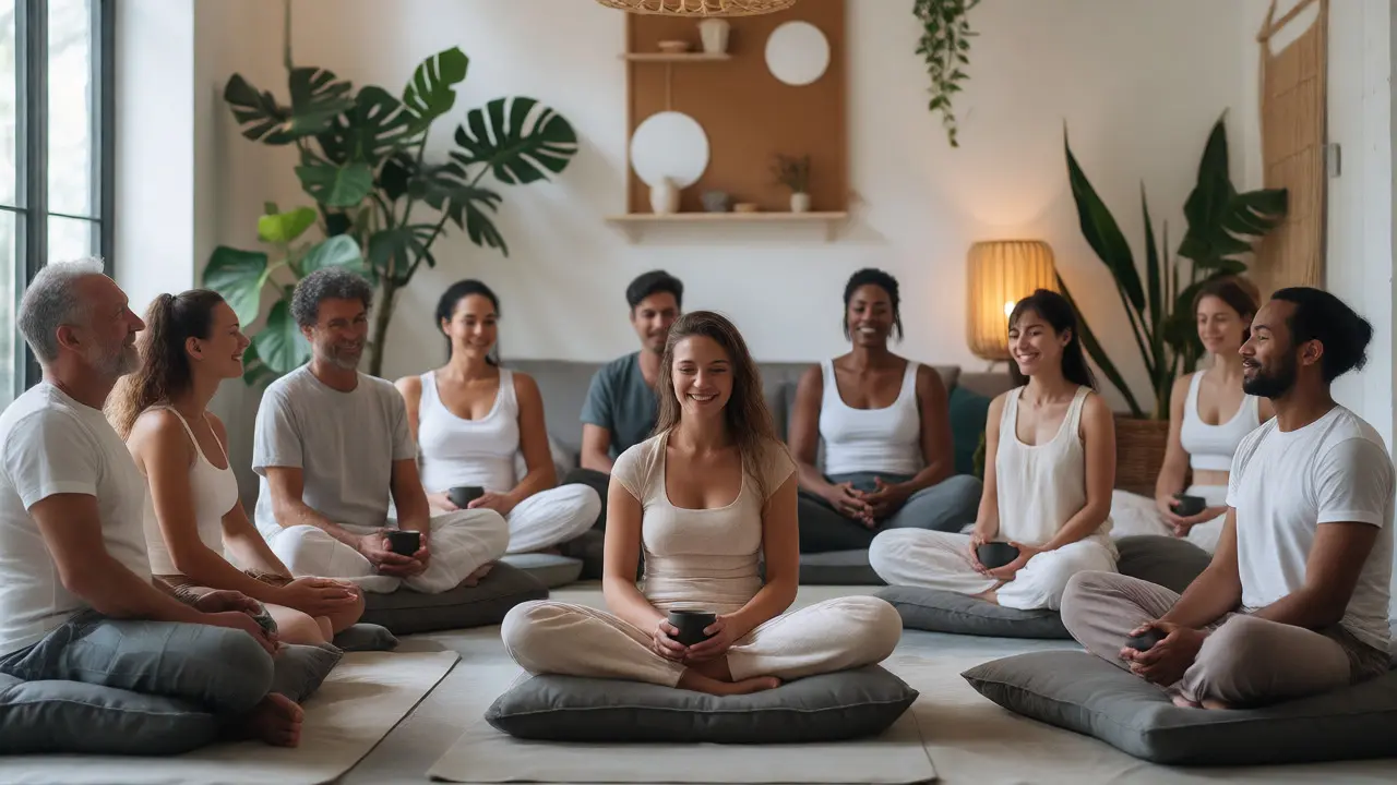 Skupina spokojených lidí v meditaci po tantrické masáži