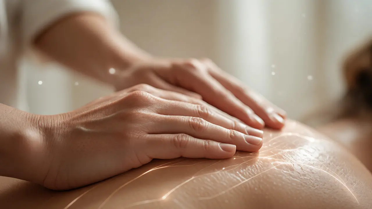 Detail rukou na zádech klienta symbolizující energetické propojení a relaxaci.