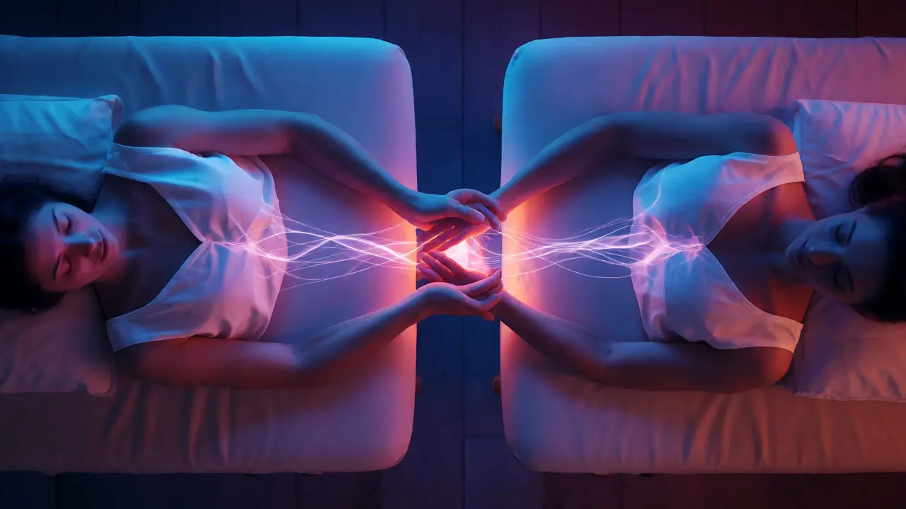 Konceptuální vizualizace energetického propojení přes ruce během tantrické masáže