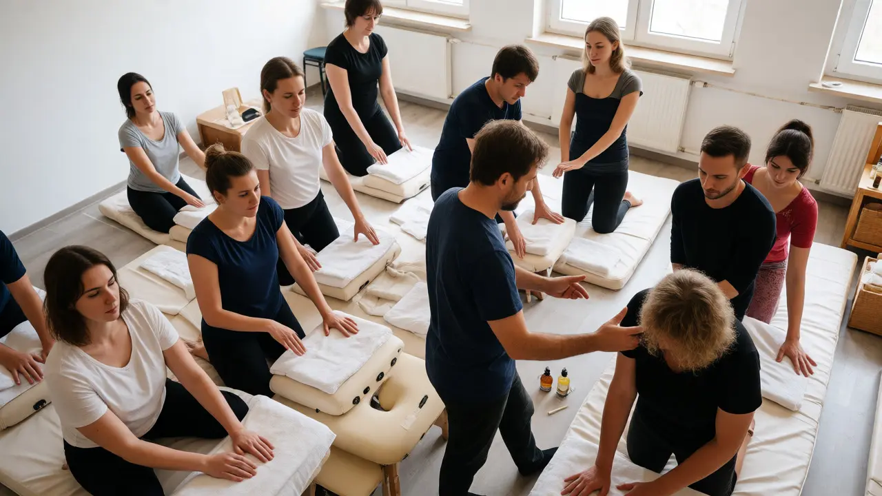 Skupina studentů cvičí techniky masáže pod dohledem instruktora ve škole.